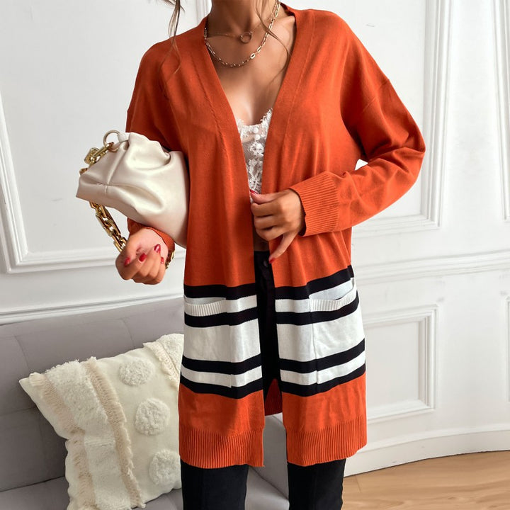 Damen Longline-Cardigan mit Kontraststreifen, aufgesetzten Taschen & Rippbündchen Echoarchiv