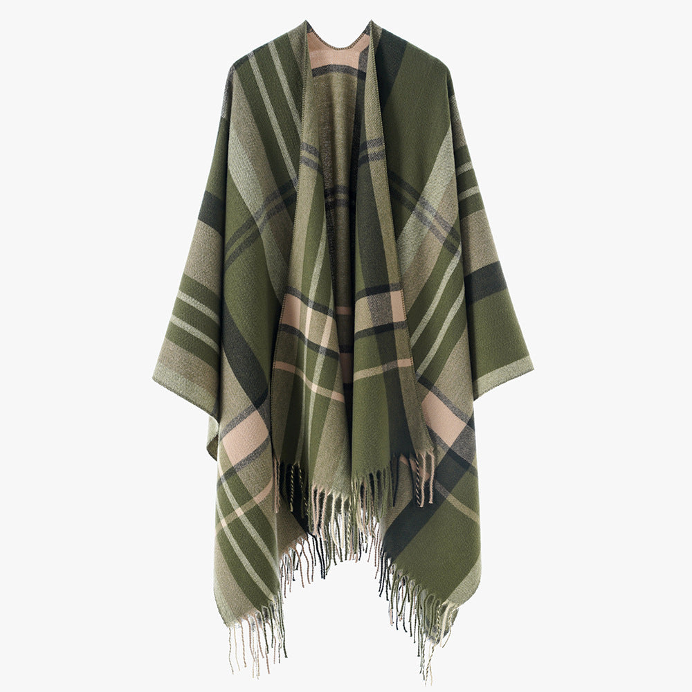 Damen Oversize Karierter Fransen-Poncho aus weichem Strick – Avérine