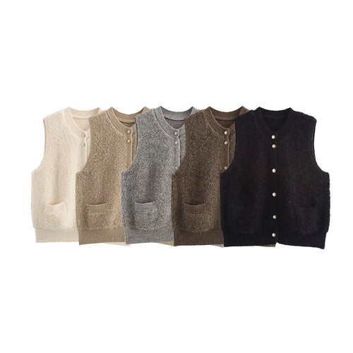 Damen Ärmellose Teddy‑Weste mit Knopfleiste und aufgesetzten Taschen Echoarchiv