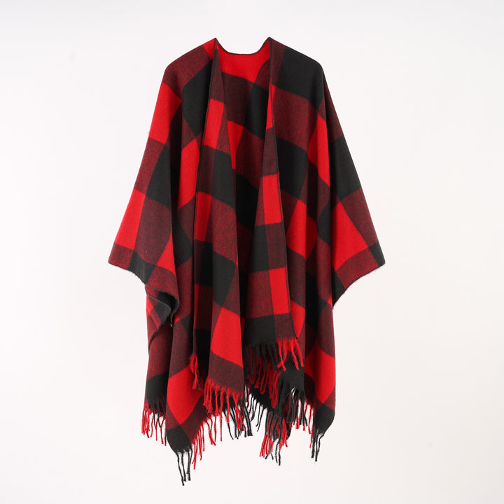 Damen Rechteckponcho im Ruana‑Stil aus Wollmix mit großen Karos und Fransensaum – Célinea