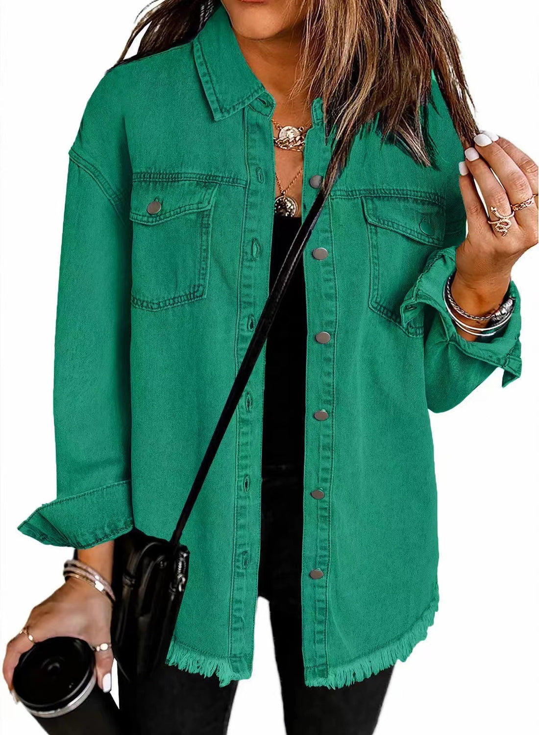 Damen Oversize Jeanshemdjacke mit Fransen und Brusttaschen Echo Archiv