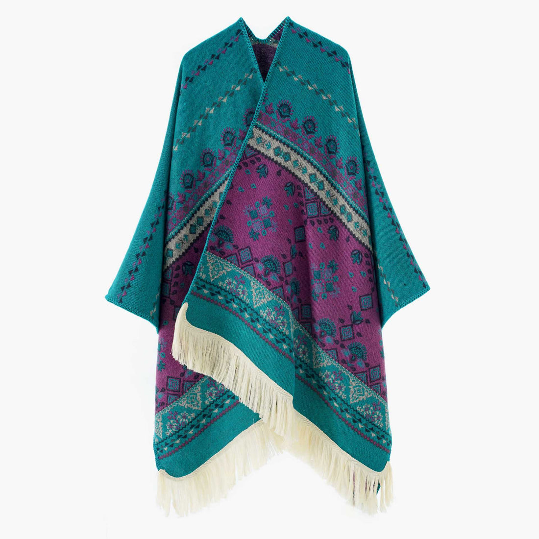 Damen Jacquard‑Ruana mit Fransen und folklorem Muster – Avérine