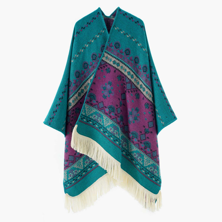 Damen Gewebter Ethno-Poncho mit Fransen und Jacquardmuster Echo Archiv