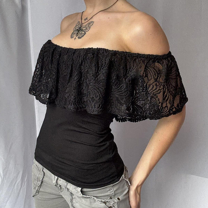 Damen Off-Shoulder Oberteil mit Rüschendetails und eleganten Spitzenakzenten Echo Archiv