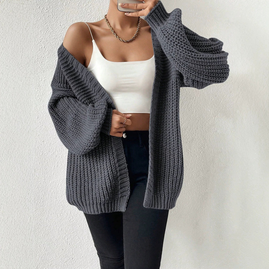 Damen Oversize-Strickcardigan mit grobem Waffelstrick, offener Front und voluminösen Ballonärmeln – Veloura