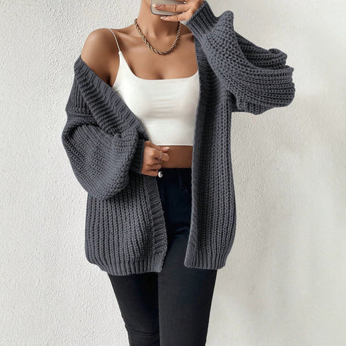 Damen Oversize-Strickcardigan mit grobem Waffelstrick, offener Front und voluminösen Ballonärmeln – Veloura