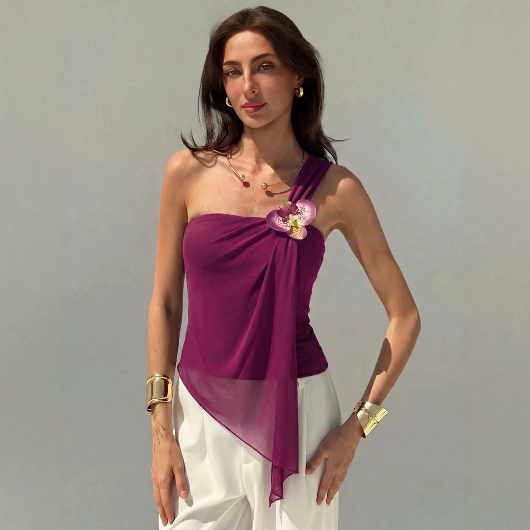 Damen nan asymmetrisches Einschulter-Chiffon-Oberteil mit Drapierung und Zierbrosche Echo Archiv