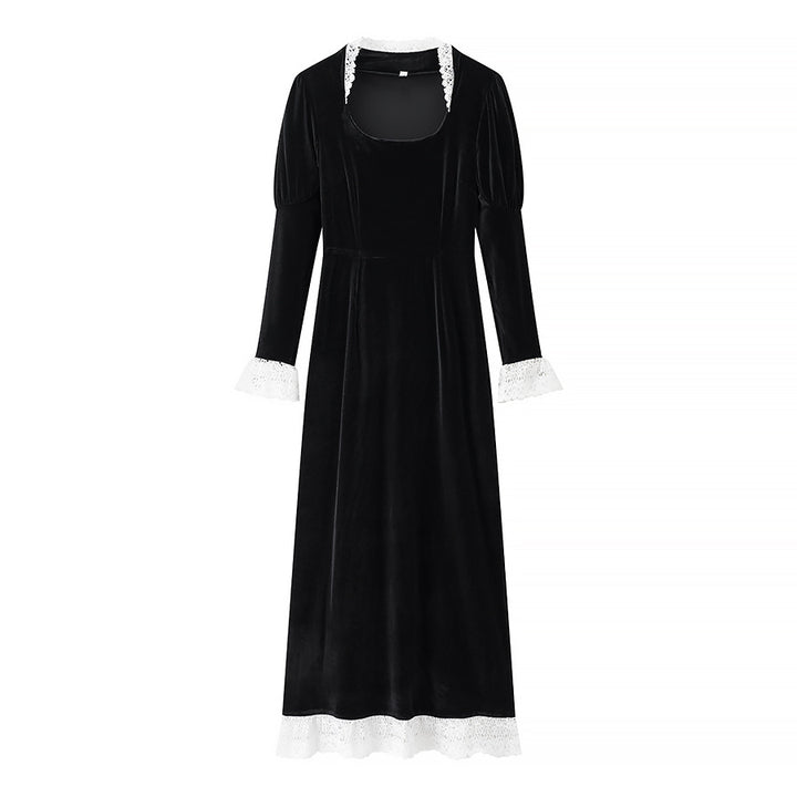 Damen Maxikleid aus Samt mit quadratischem Ausschnitt, Puffärmeln und Spitzenbesatz Echo Archiv