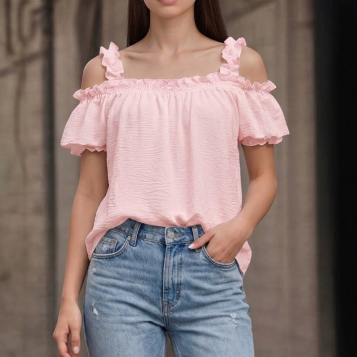 Damen Schulterfreies Crinkle-Top mit Smok-Bandeau, Rüschen‑Trägern und Flügelärmeln Echo Archiv