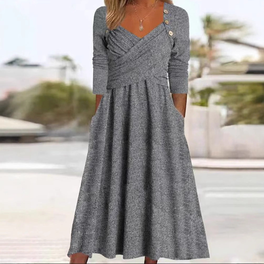 Damen nan legeres Strick-Maxikleid mit Wickeloberteil V-Ausschnitt Eingrifftaschen und Zierknopfleiste Echo Archiv