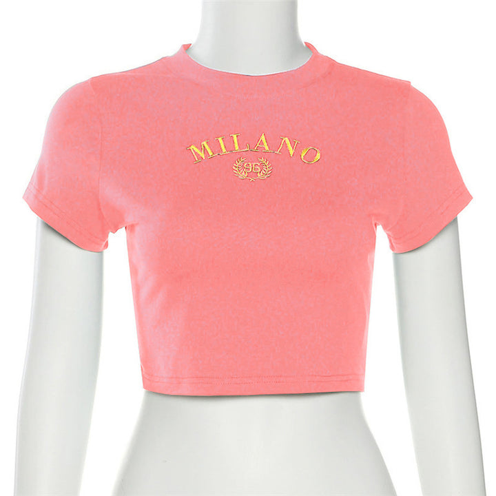 Damen cropped T-Shirt mit gesticktem Schriftzug und rundem Ausschnitt Echo Archiv