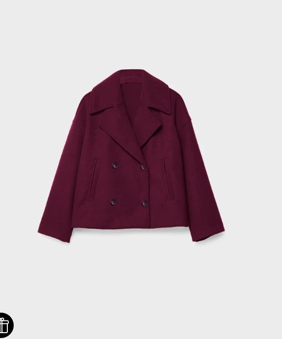 Damen nan kurz geschnittener Zweireiher Wollmix-Peacoat mit überbreitem Revers und kastiger Silhouette Echo Archiv