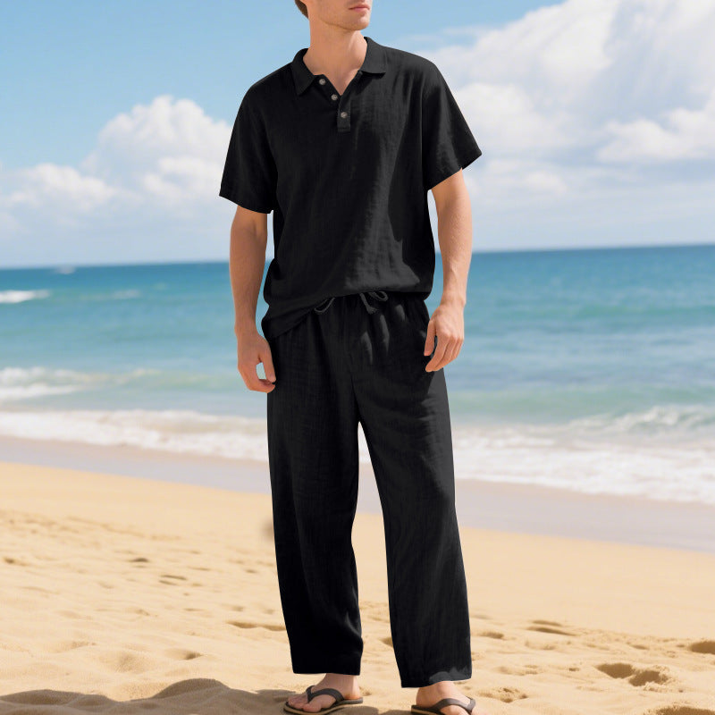 Herren lässiges Sommer-Outfit mit hochwertigem kurzärmligem Polo und bequemen Leinen-Hosen Echoarchiv