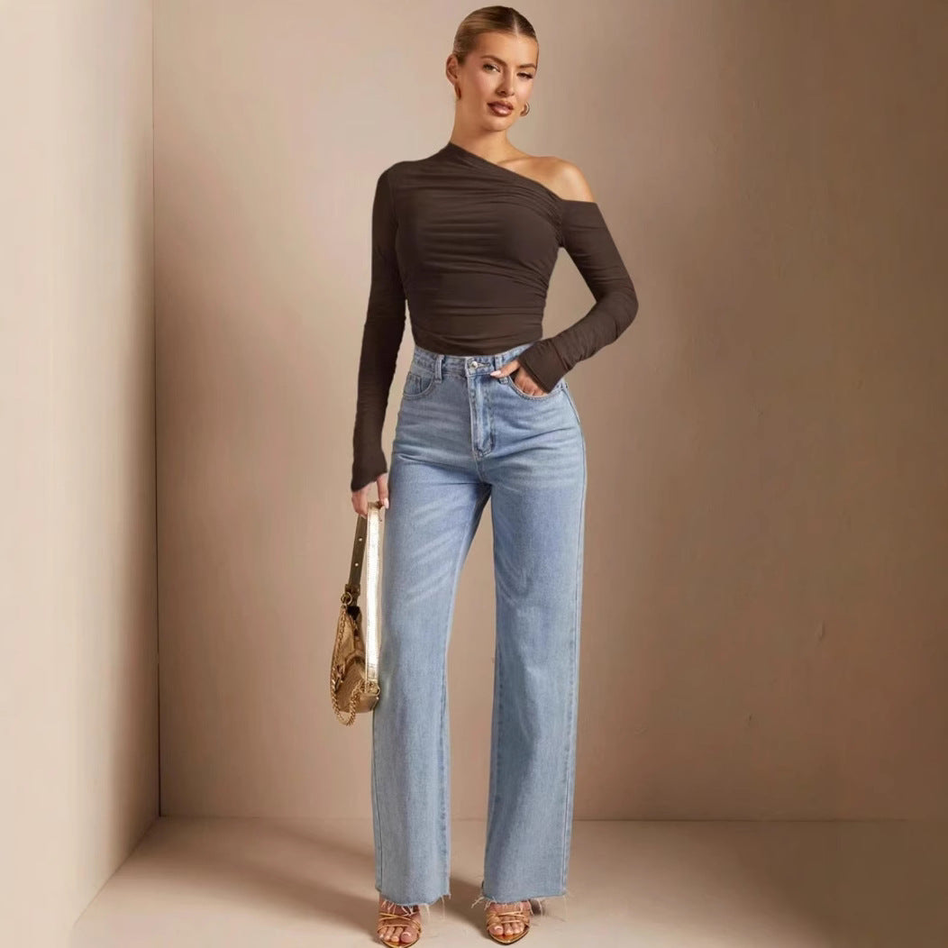 Damen Asymmetrischer Body mit Raffungen und langen Ärmeln Echo Archiv