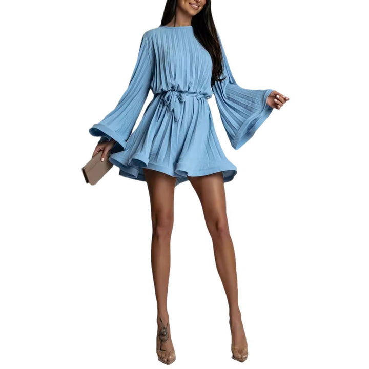 Damen Plissiertes Mini-Kleid mit weiten Glockenärmeln und Taillengürtel Echoarchiv