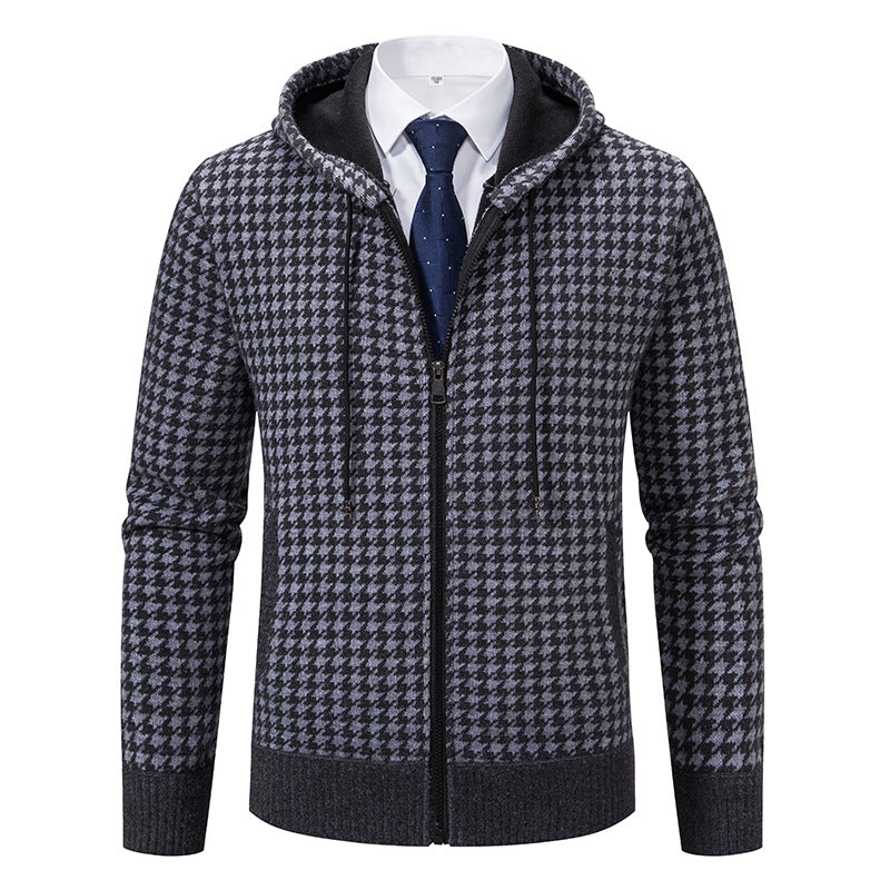 Herren gemütlicher Strickpullover mit modernem Karomuster und Kapuze Echoarchiv