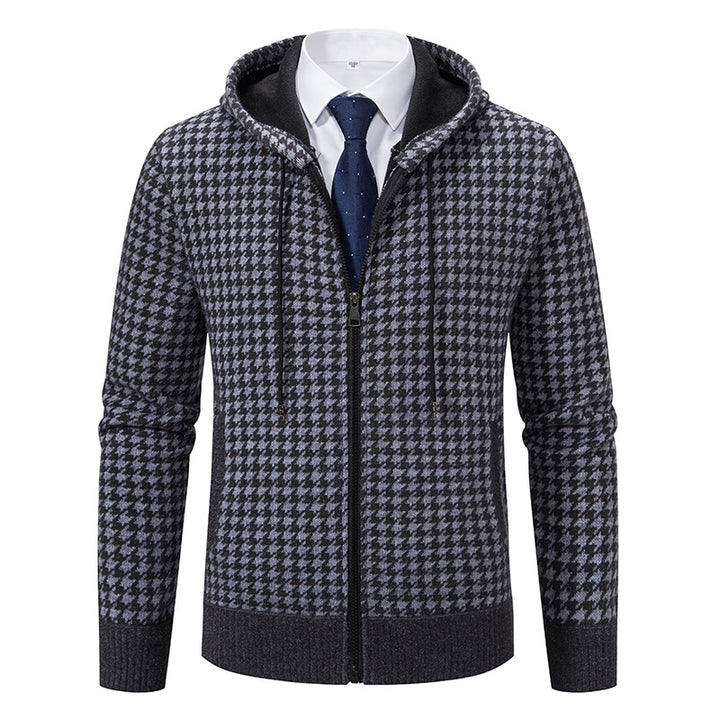 Herren gemütlicher Strickpullover mit modernem Karomuster und Kapuze Echoarchiv