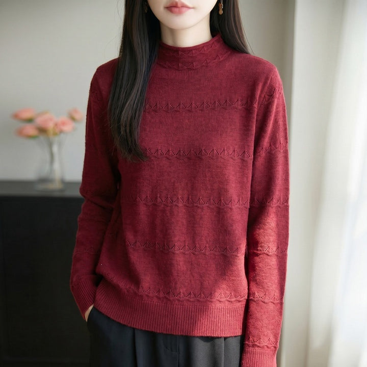 Damen Leichter Ajourstrick-Pullover mit kurzem Stehkragen und feinem Rippsaum Echoarchiv