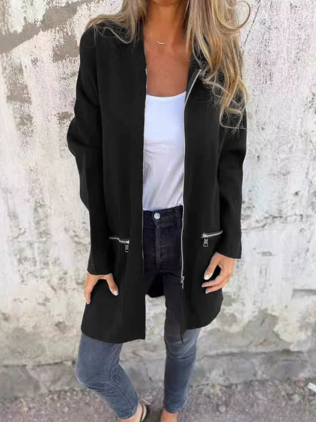 Damen Longline Oversize-Jacke mit durchgehendem Reißverschluss und Zipper-Taschen – Célinea