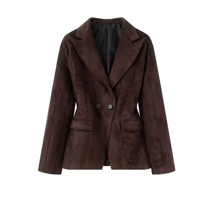 Damen Taillierter Veloursleder-Blazer mit Reverskragen und Pattentaschen Echoarchiv