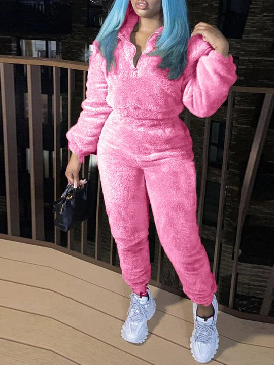 Damen nan kuscheliges Teddy-Lounge-Set mit Halbzip und Highwaist-Jogger Echo Archiv