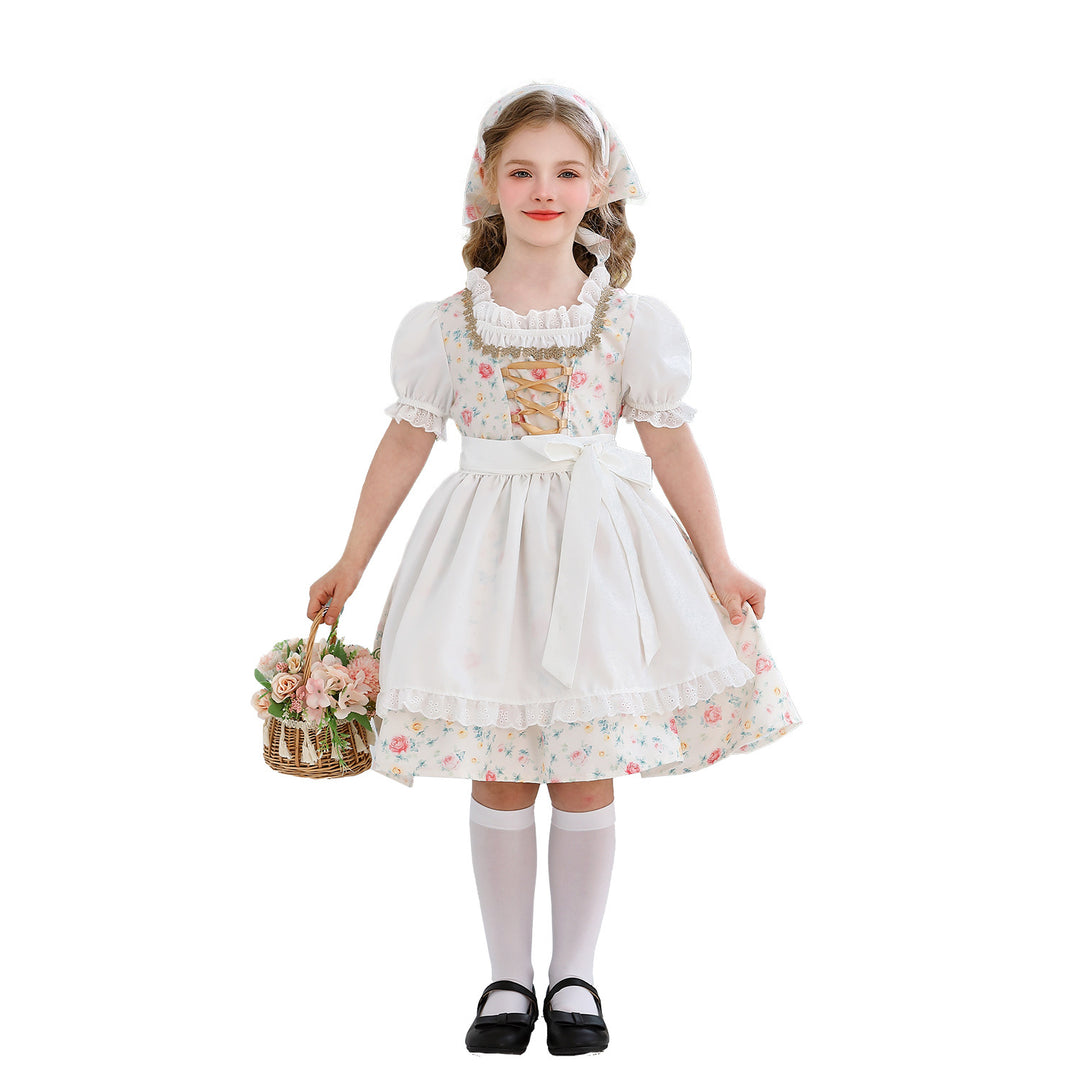 Damen nan traditionelles Dirndlkleid für Mädchen mit bestickter Schürze, Rüschenkragen und passendem Kopftuch Echo Archiv