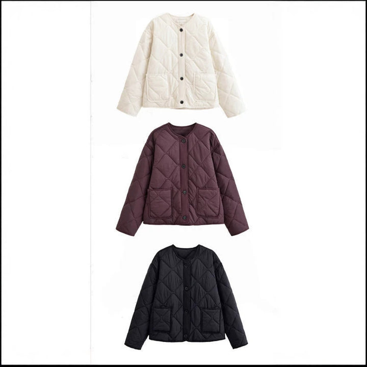 Damen 10+ gefütterte gesteppte Boxy‑Kurzjacke mit Rundhalsausschnitt, durchgehender Knopfleiste und aufgesetzten Taschen Echo Archiv