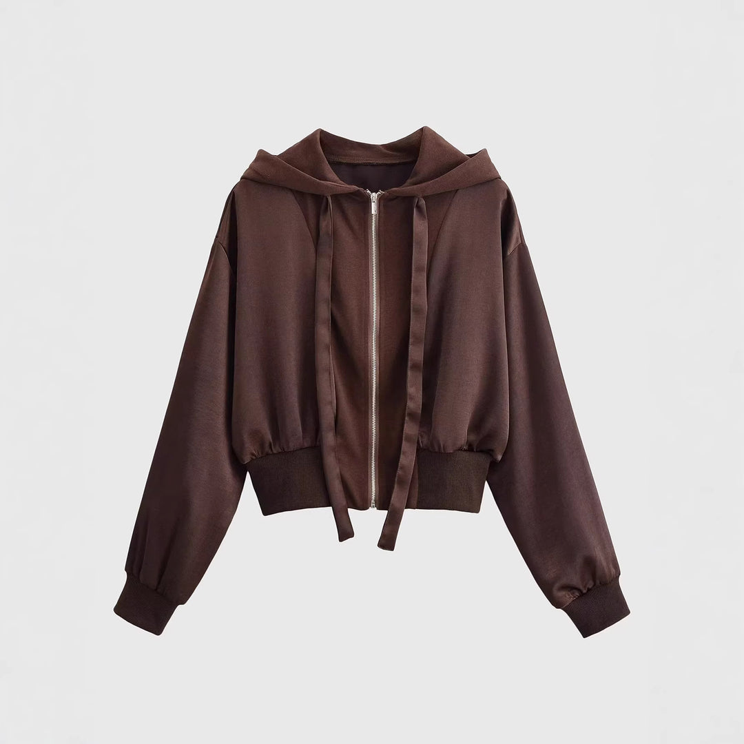 Damen Cropped Hoodie-Jacke mit durchgehendem Reißverschluss, breite Kapuze und taillierendem Rippbund Echoarchiv