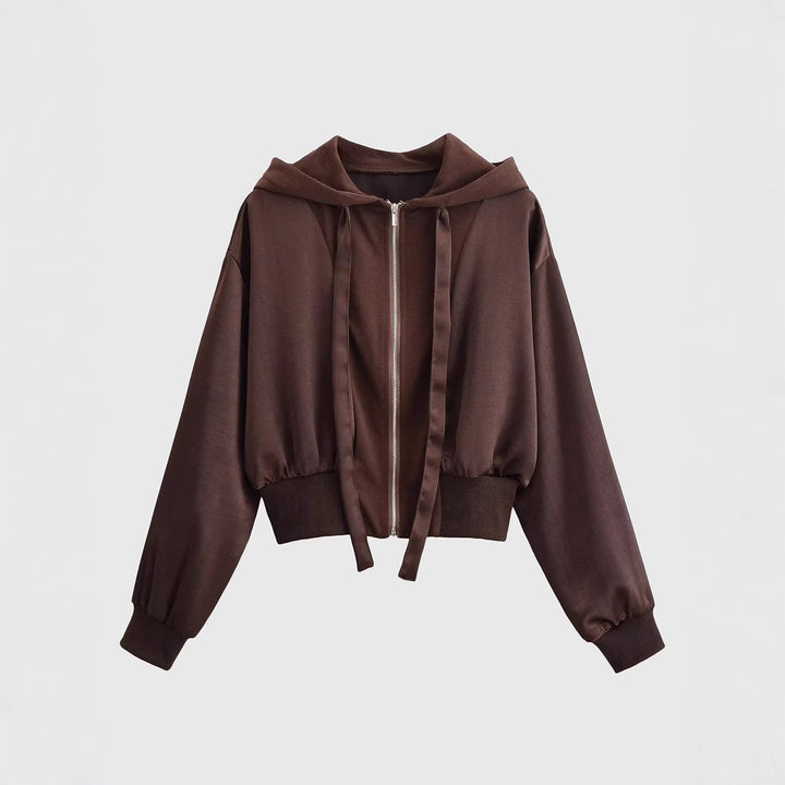 Damen Cropped Hoodie-Jacke mit durchgehendem Reißverschluss, breite Kapuze und taillierendem Rippbund Echoarchiv