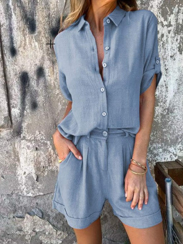 Damen Lässiges Jumpsuit mit Knopfverschlossenem Oberteil und Praktischem Taillenzug Echoarchiv