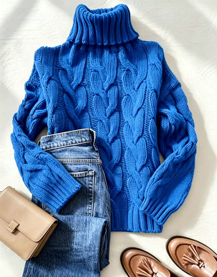 Damen Grobstrick-Rollkragenpullover mit markanten Zopfmustern und gerippten Bündchen – Mavelle