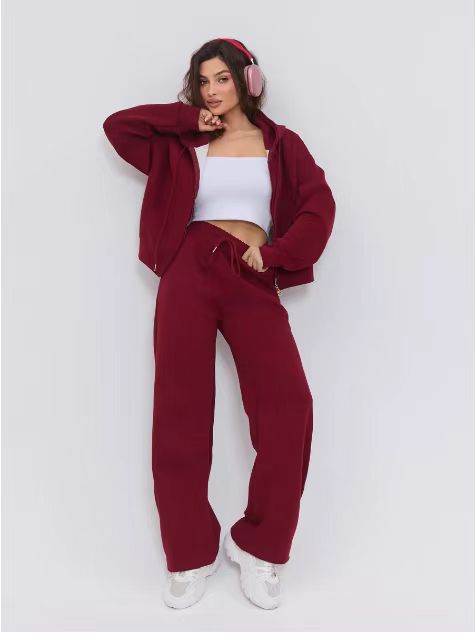 Damen zweiteiliges Cozy-Loungewear-Set mit Reißverschlusskapuze, taillenhoher Weitbein-Jogger und verdeckten Eingrifftaschen – Auréline