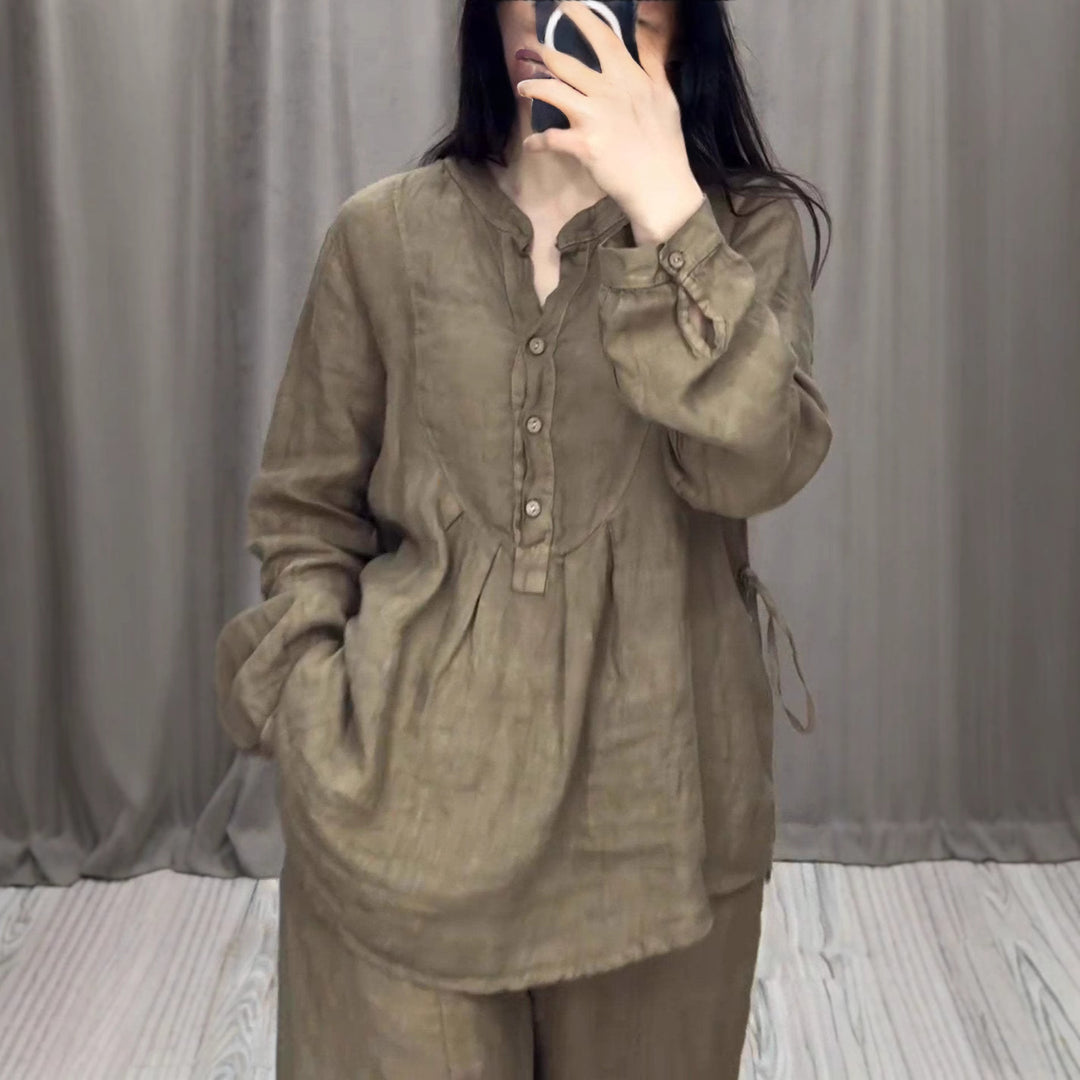 Damen nan lässiges Leinen-Set Tunika mit weitem Bein, Knopfleiste und Seitentaschen Echo Archiv