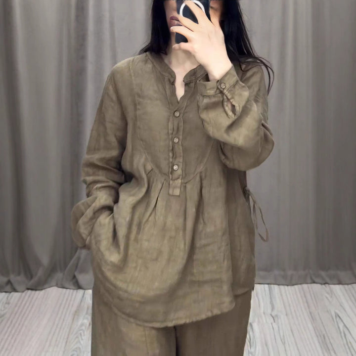 Damen nan lässiges Leinen-Set Tunika mit weitem Bein, Knopfleiste und Seitentaschen Echo Archiv