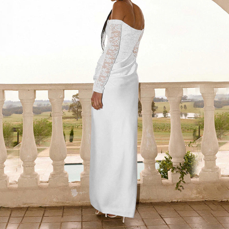 Damen Elegantes Hochzeitskleid mit schulterfreiem Ausschnitt und Spitzenärmeln Echo Archiv