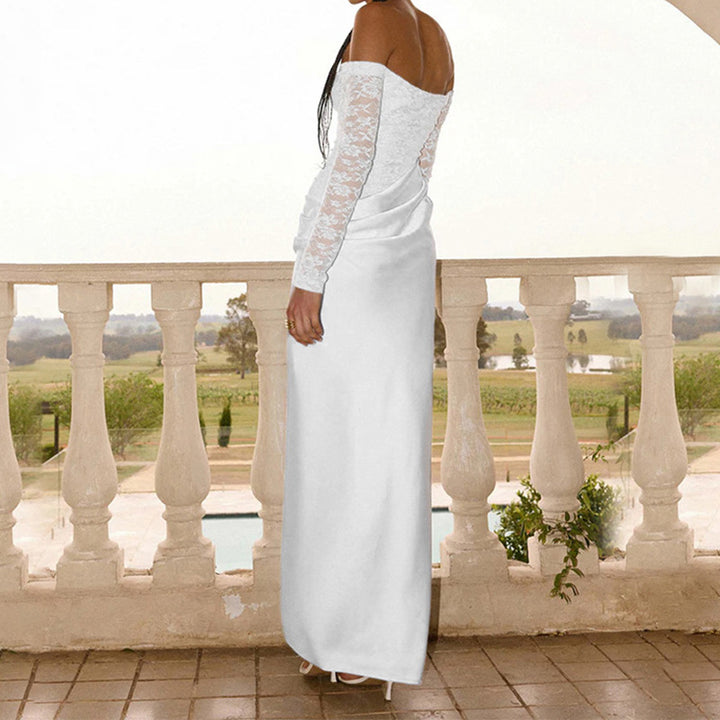 Damen Elegantes Hochzeitskleid mit schulterfreiem Ausschnitt und Spitzenärmeln Echo Archiv