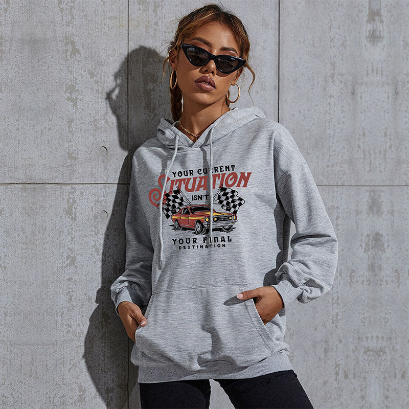 Damen Oversize-Kapuzenpullover mit Vintage-Racer-Print, Kängurutasche und geripptem Saum Echoarchiv