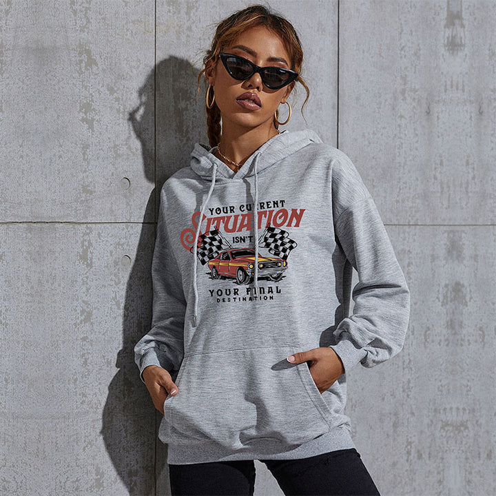 Damen Oversize-Kapuzenpullover mit Vintage-Racer-Print, Kängurutasche und geripptem Saum Echoarchiv