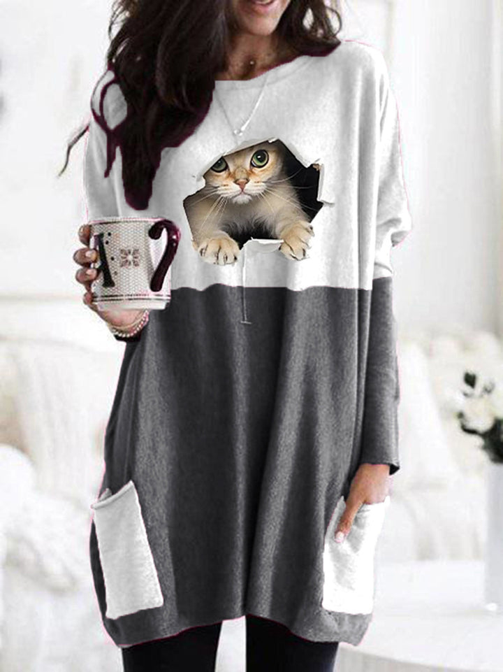Frauen Längerer Colorblock Strickpullover mit Katzenmotiv und aufgesetzten Taschen Echoarchiv