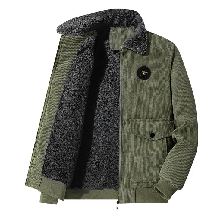 Herren Cordblouson mit durchgehendem Sherpa‑Futter, Umlegekragen und Pattentaschen – Taviero