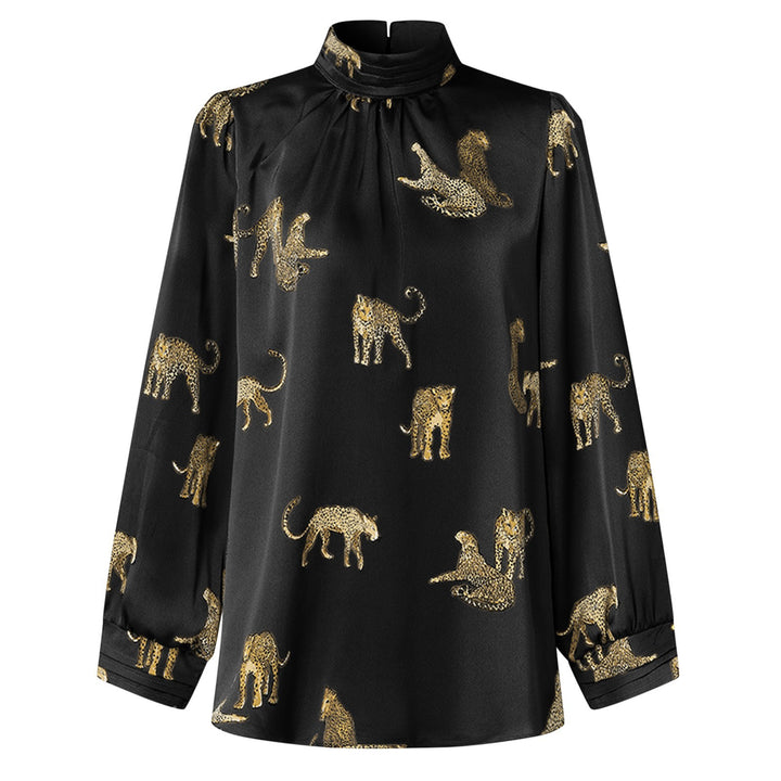 Damen Hochgeschlossenes Satinblusenshirt mit Stehkragen und Animal‑Print – Élovi