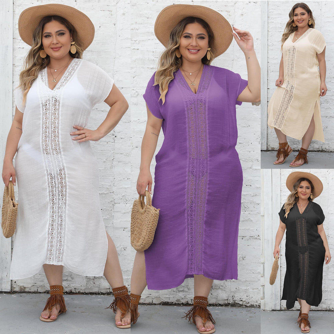 Damen eleganter Maxi-Kaftan mit großzügigem V-Ausschnitt und filigranen Häkelakzenten Echo Archiv