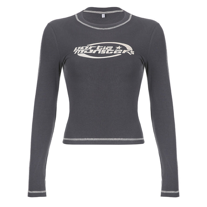 Damen figurbetontes Langarm-Crop-Shirt mit Logo-Print und Kontrastnähten – Avérine