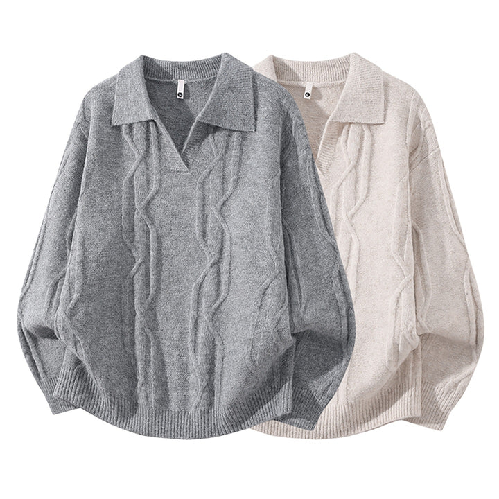 Damen Oversize Mohair‑Optik Zopfstrickpullover mit Polokragen und V‑Ausschnitt Echoarchiv