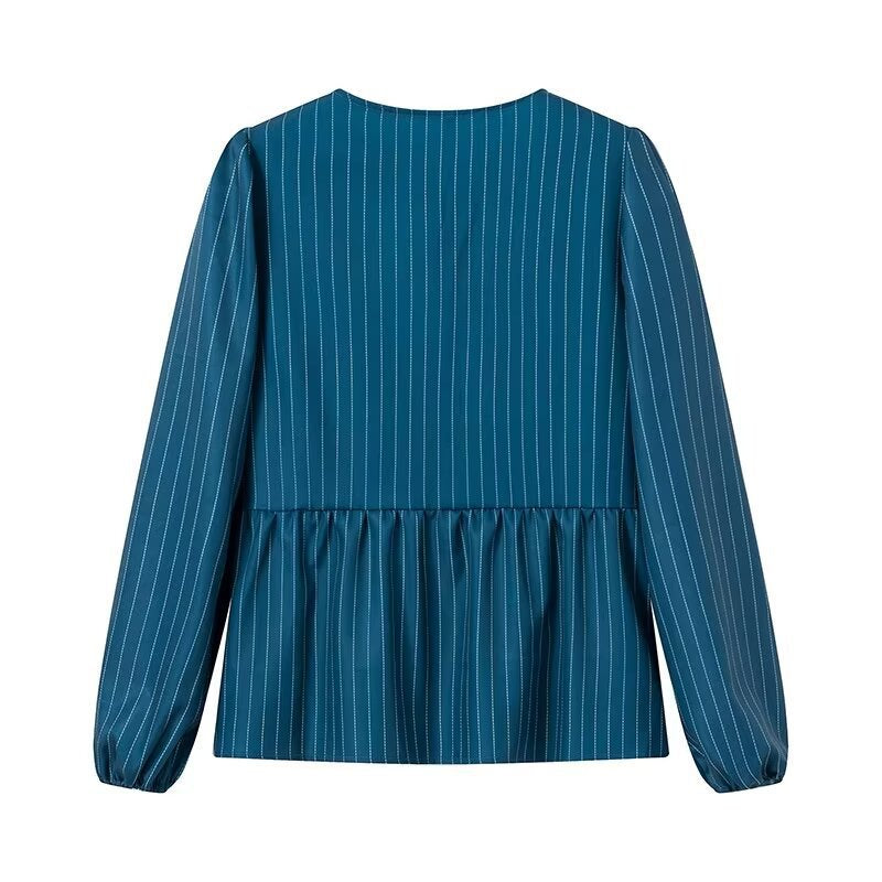 Damen Gestreifte Peplum‑Bluse mit vorderer Schnürung und langen Ballonärmeln Echo Archiv