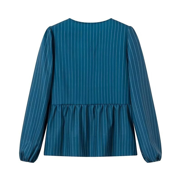 Damen Gestreifte Peplum‑Bluse mit vorderer Schnürung und langen Ballonärmeln Echo Archiv