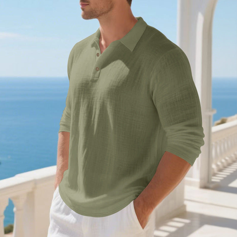 Herren elegantes Langarm-Henley-Shirt mit modischem Knopfdesign und strukturierter Oberfläche Echoarchiv
