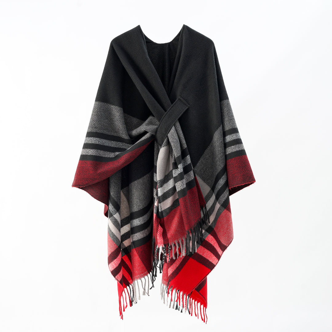 Damen Strickponcho mit geometrischem Blockmuster und Fransen Echo Archiv