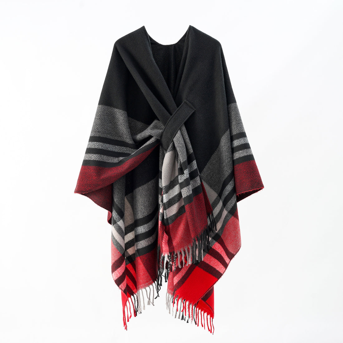 Damen Strickponcho mit geometrischem Blockmuster und Fransen – Veloura