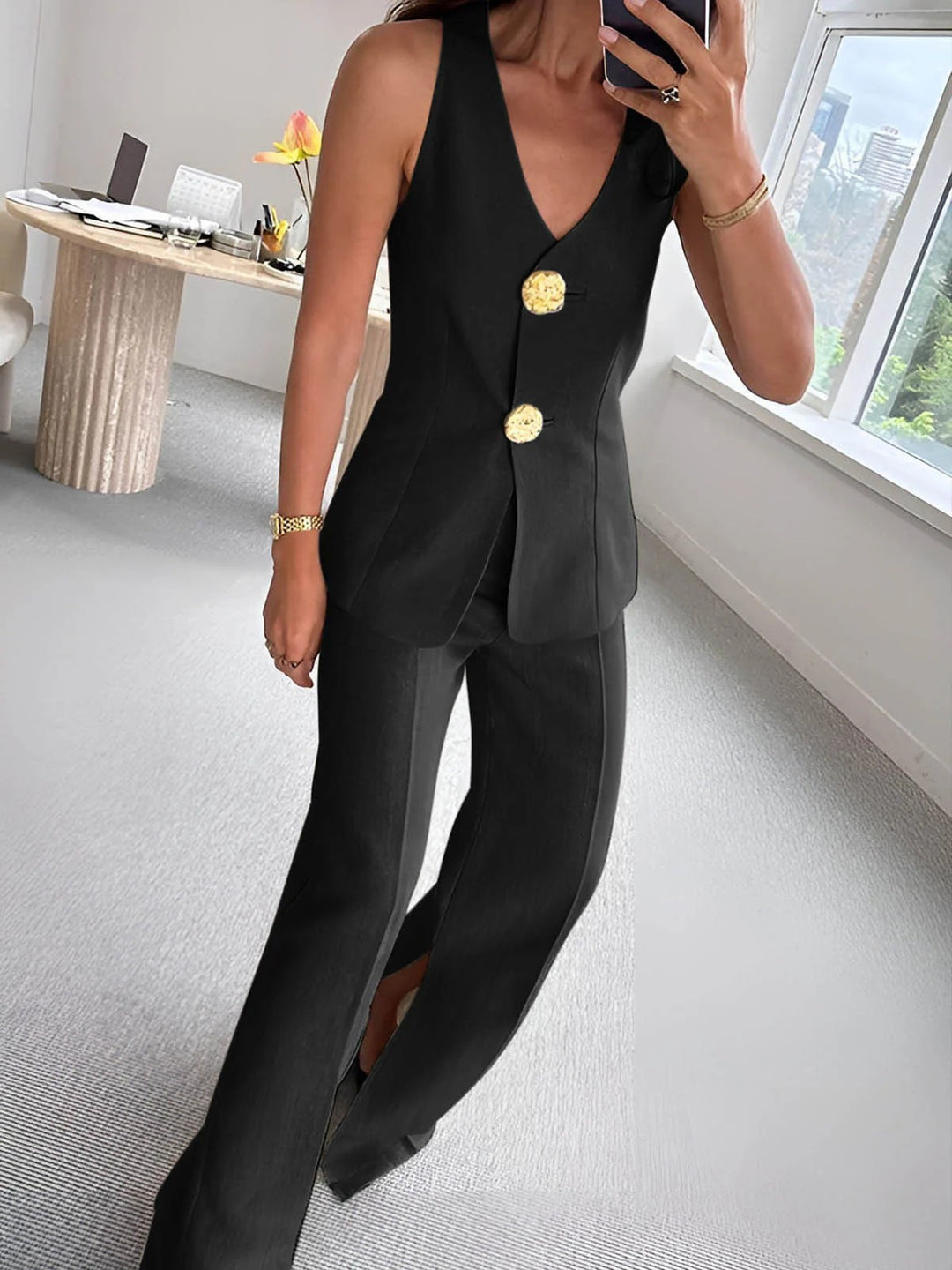Damen elegantes Jumpsuit mit vordere Knopfleiste und weitem Bein Echo Archiv